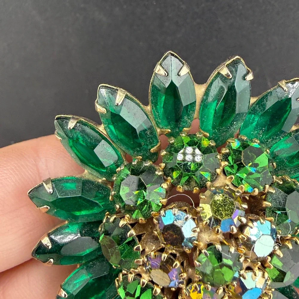 Vintage Rhinestone Brooch Green Aurora Borealis Large Dome